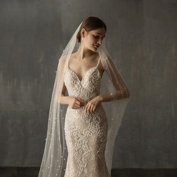 NWT Chapel Length Wedding Veil with Pearls & Comb main image 4